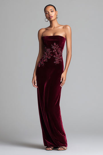 Burgundy Strapless Velvet Sheath Long Formal Dress